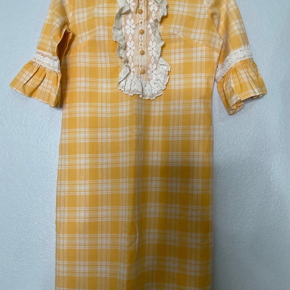 Vintage 1979’s Plaid And Lace Dress / Prairie Cottage Core Dress/white & orange - Picture 1 of 7